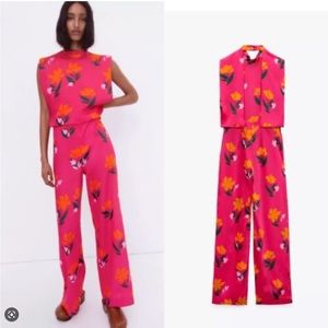 NWT. Zara Pink Satin Effect Flowers Print Sleeveless Jumpsuit. Size XS